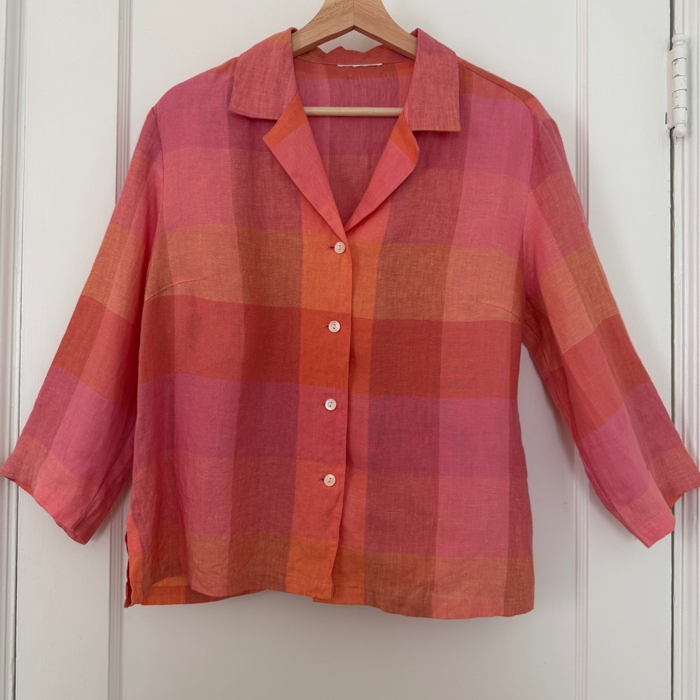 Pink Orange Check 100% Linen Button Up Shirt 3/4 Sleeve Sz M/8: Classic, Coastal